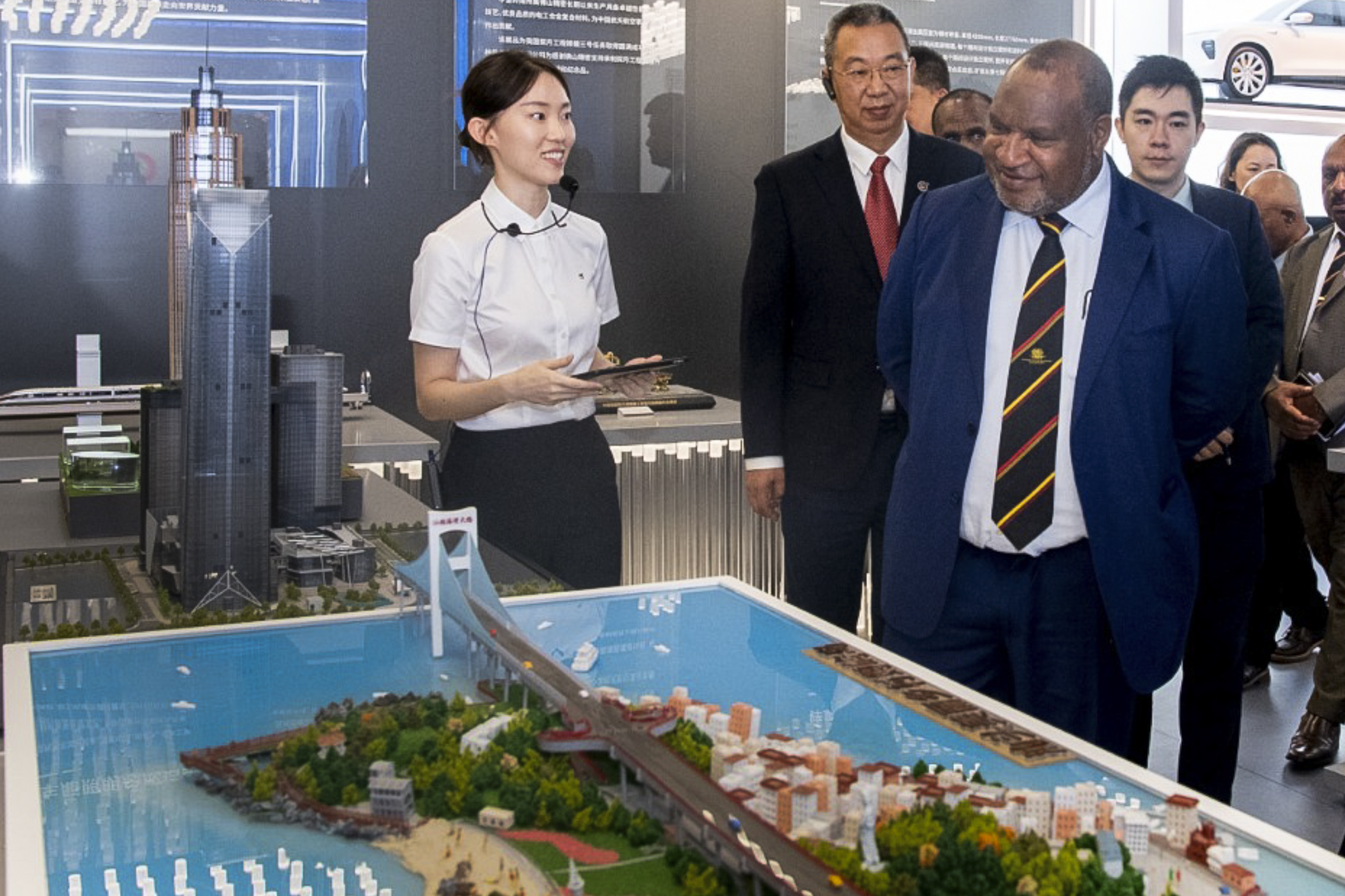 In this image released by the Chinese government, PNG Prime Minister James Marape visits Guangdong, China, April 28, 2026.
