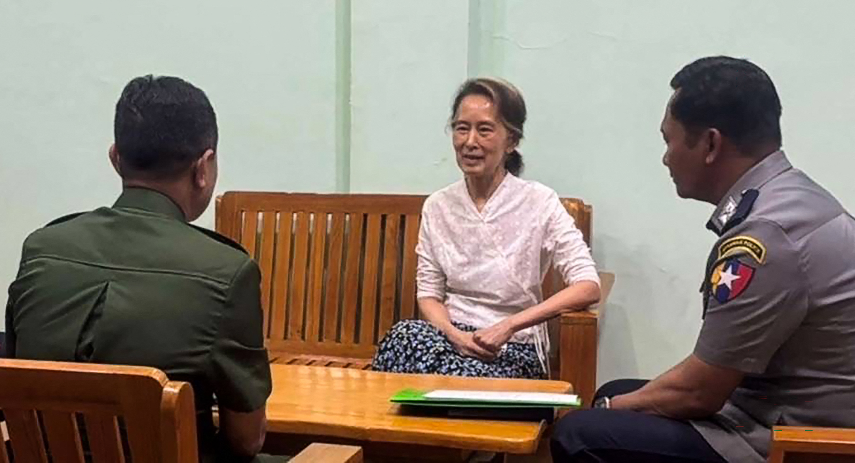 This undated photo from the Myanmar Military Information Team released on April 30, 2026 shows Aung San Suu Kyi talking in an undisclosed location.