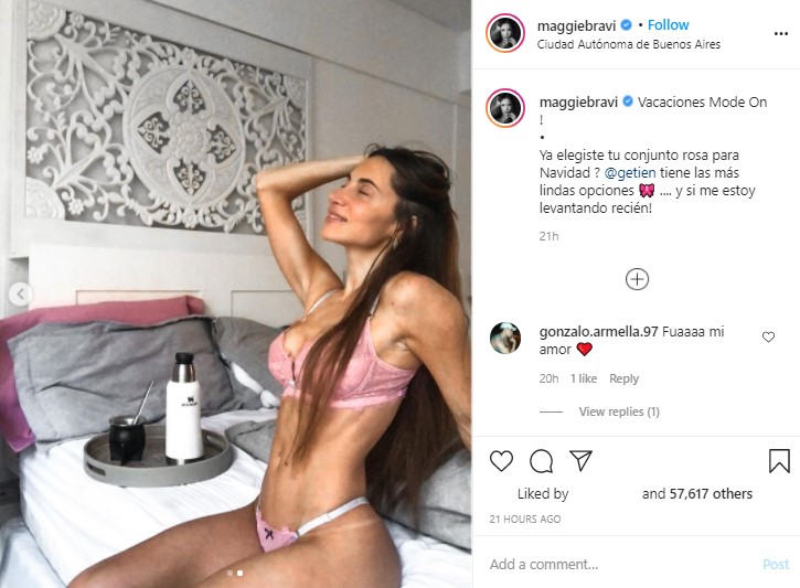 Magui Bravi se robó todas las miradas de sus seguidores con un posteo en Instagram. La bailarina posó en la cama apenas se levantó, con lencería color rosa.