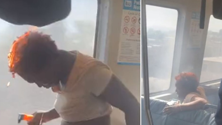 Gritos y humo en un tren: el cabello de una mujer se prendió fuego y quedó todo filmado
