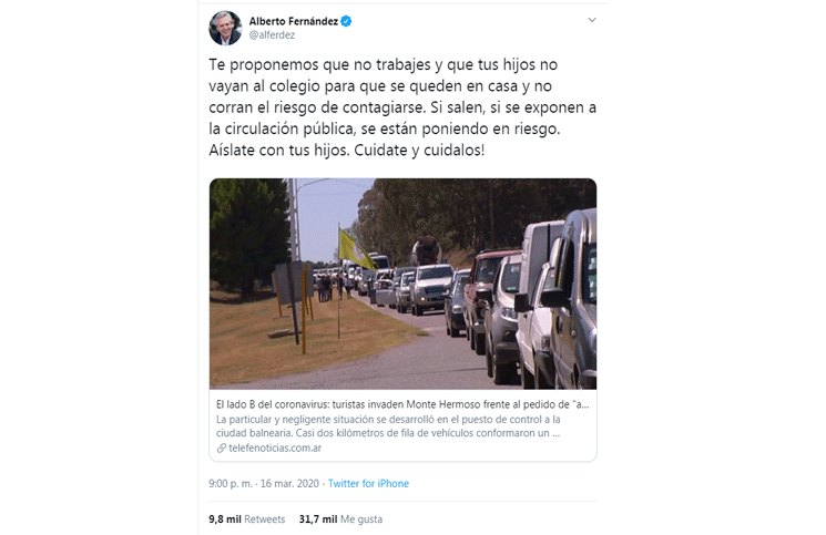 Coronavirus: la reacción de Alberto Fernández al ver 2 km de autos entrando a Monte Hermoso