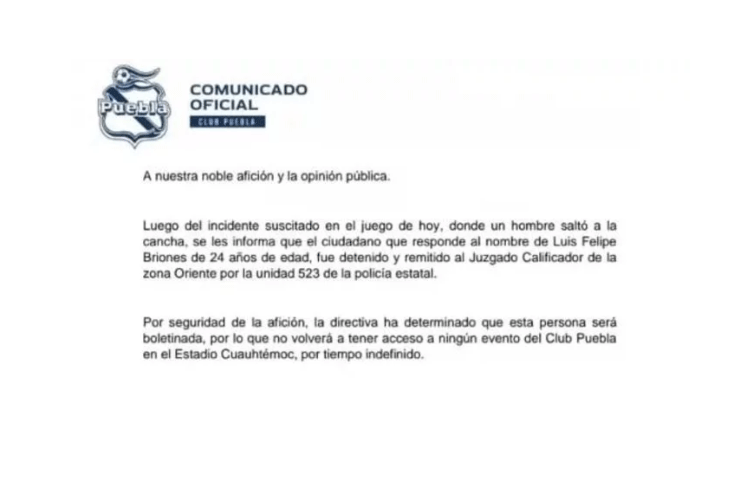 El comunicado que brindó la dirigencia de Puebla