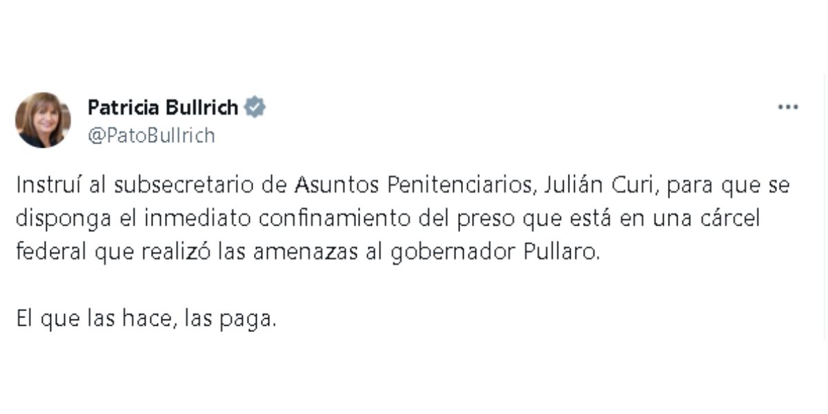 Patricia Bullrich apoyó a Maximiliano Pullaro tras las amenazas y bajó una  fuerte orden: “El que las hace, las paga” | Radio Mitre