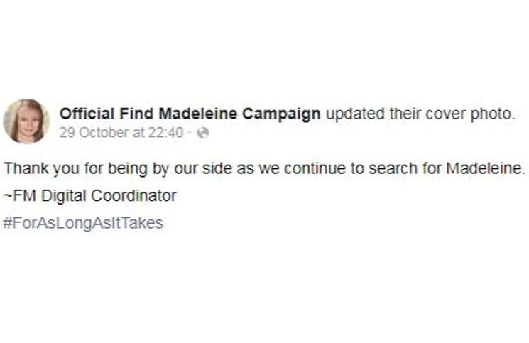 Kate y Gerry McCann publicaron un mensaje a través de la página oficial de Facebook.