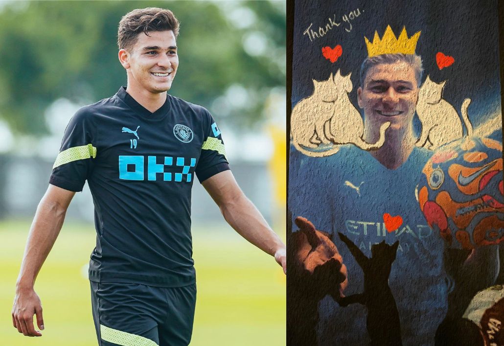 Julián Álvarez noqueó de un pelotazo a un rival acusado de maltrato animal y los fanáticos del Manchester City le hicieron un mural