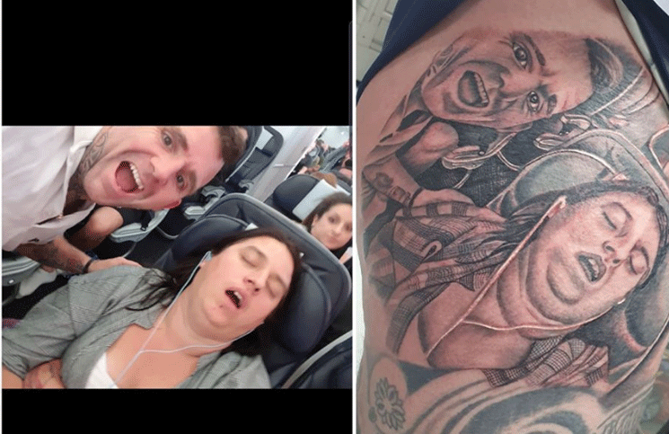 La foto original que sacó James y el tatuaje de su esposa bostezando.