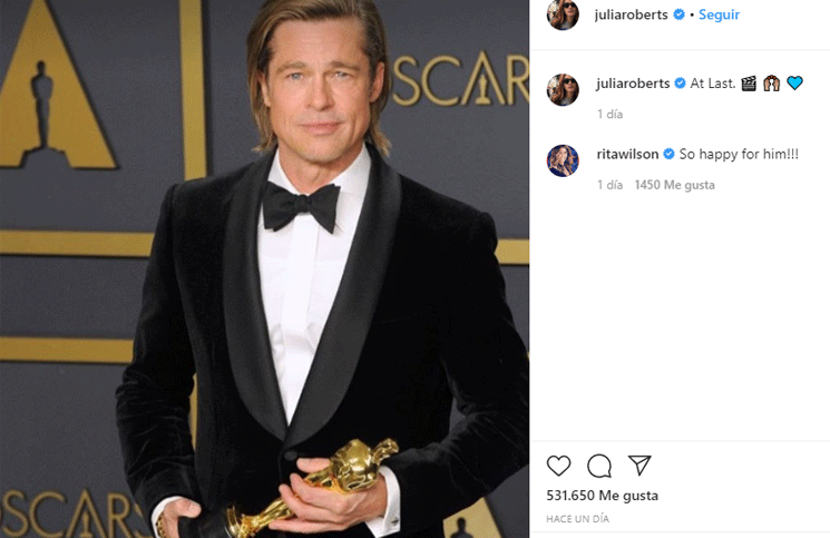 La publicación de Julia Roberts felicitando a Brad Pitt