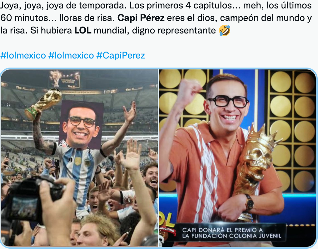 El Capi Pérez “ya se lo merecía”, gana LOL temporada 5 a Isabel Fernández