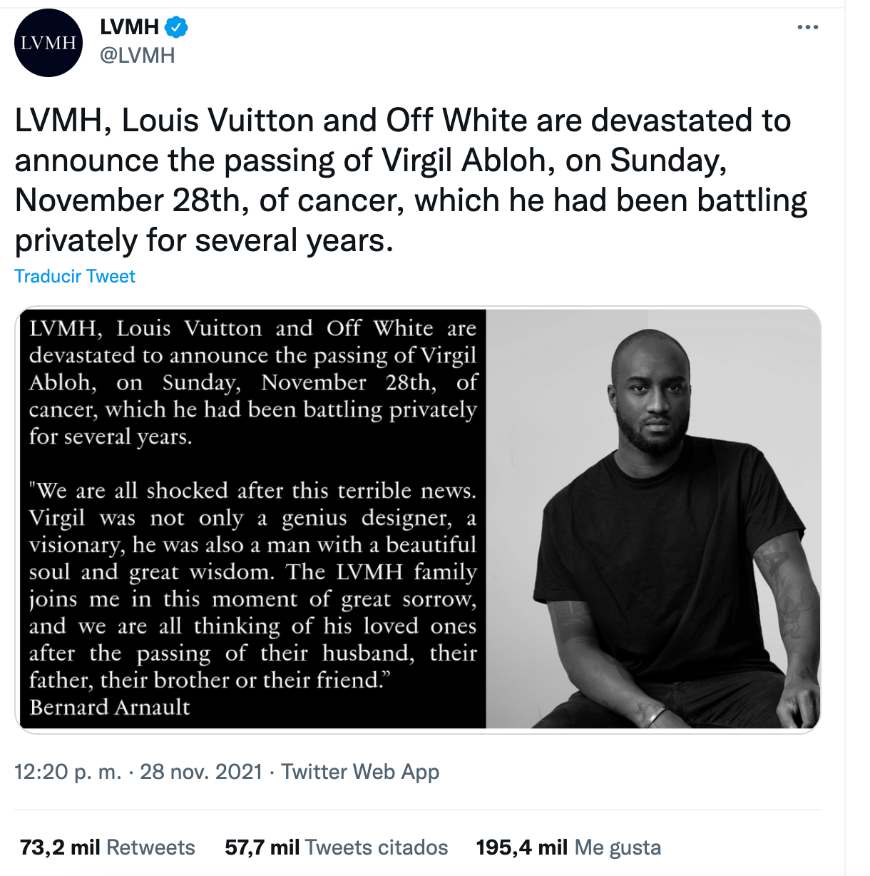 Virgil Abloh, director artístico de Louis Vuitton muere a los 41 años