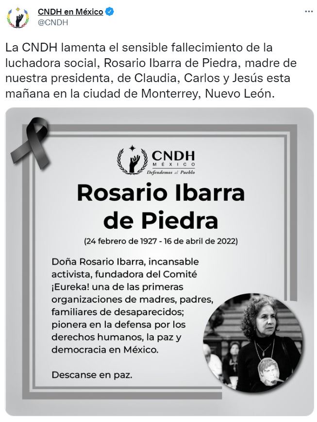 Muere Rosario Ibarra de Piedra, fundadora del Comité ¡Eureka!