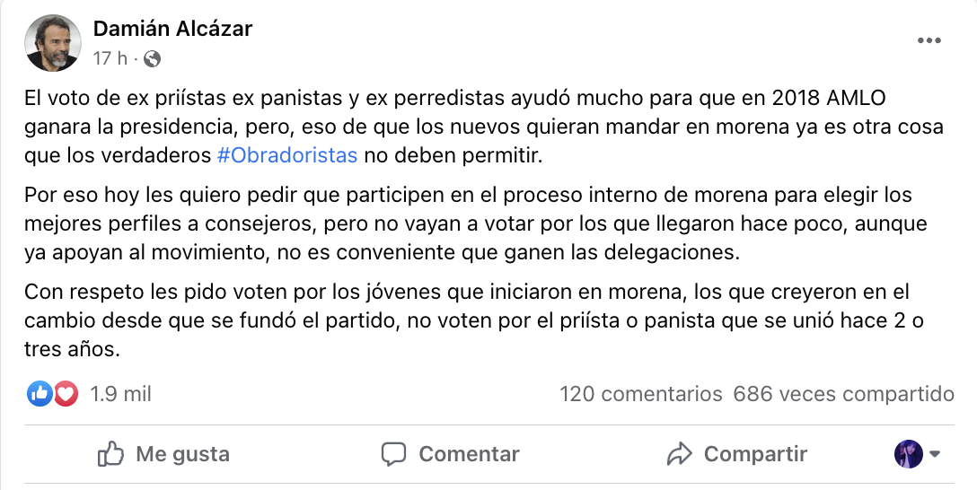 Consejeros de Morena: Damián Alcázar pide no votar por quienes quieren  mandar y ni fundaron el partido