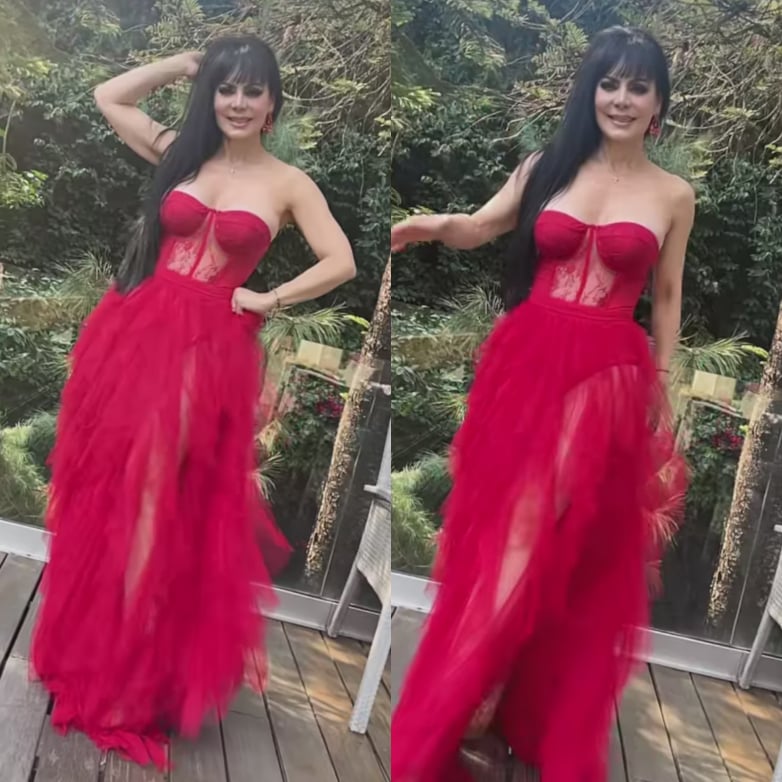 Maribel Guardia modela vestido rojo con transparencias sus 62 (FOTOS)