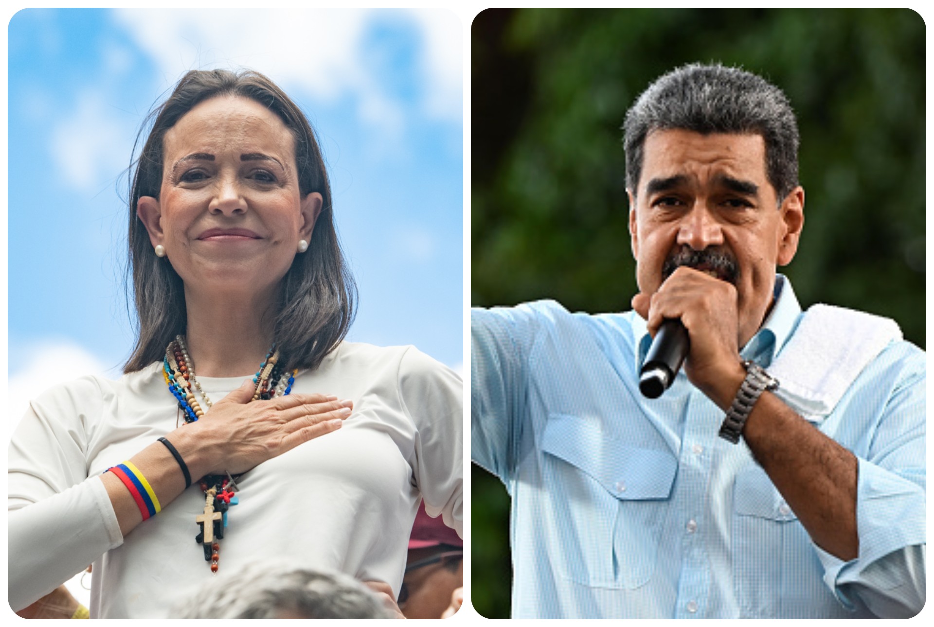 La líder de la oposición María Corina Machado y el presidente de Venezuela, Nicolás Maduro.
