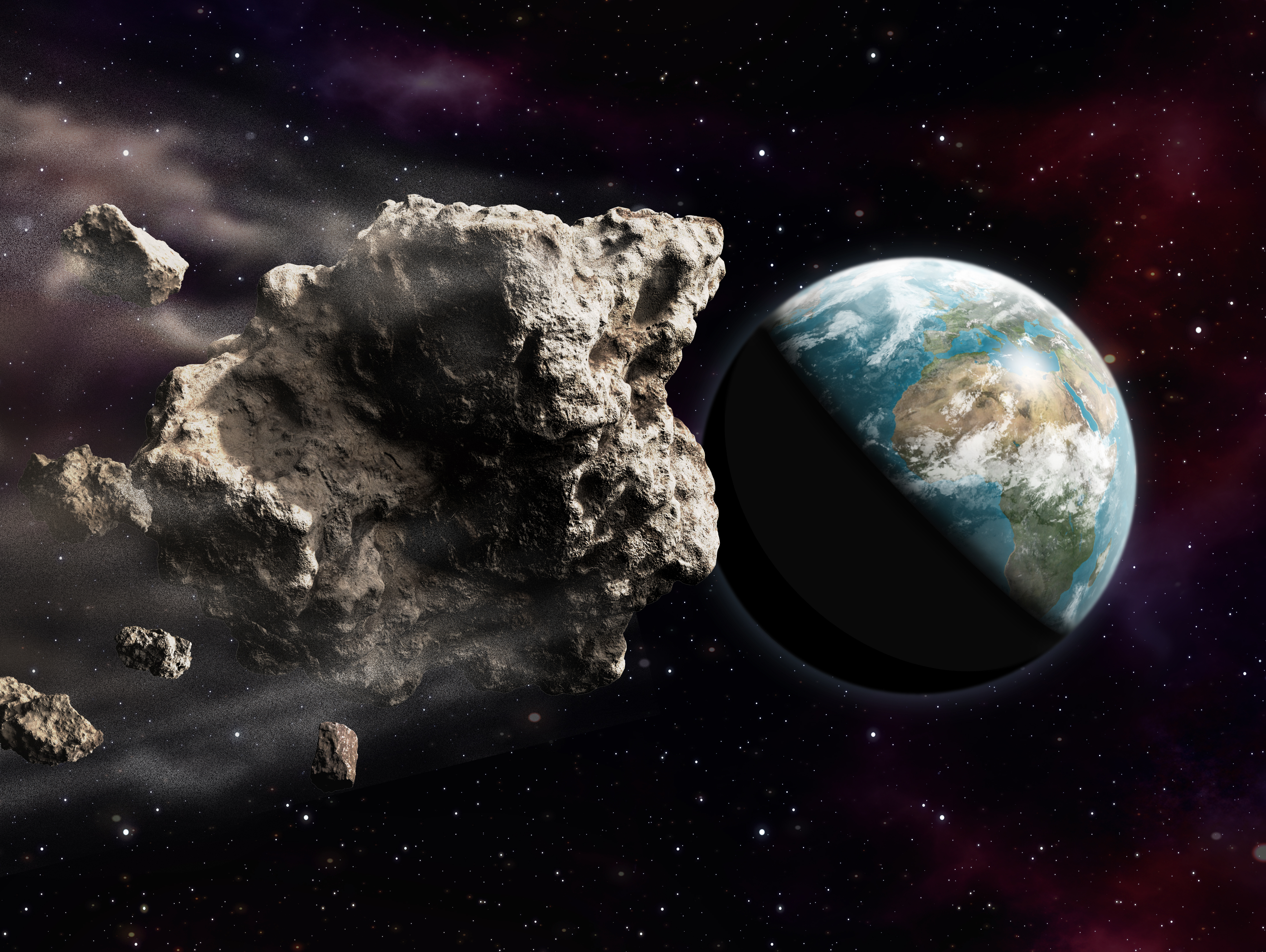 Representación 3D de un gran asteroide peligroso que amenaza con impactar el planeta Tierra. Foto: Getty Images.