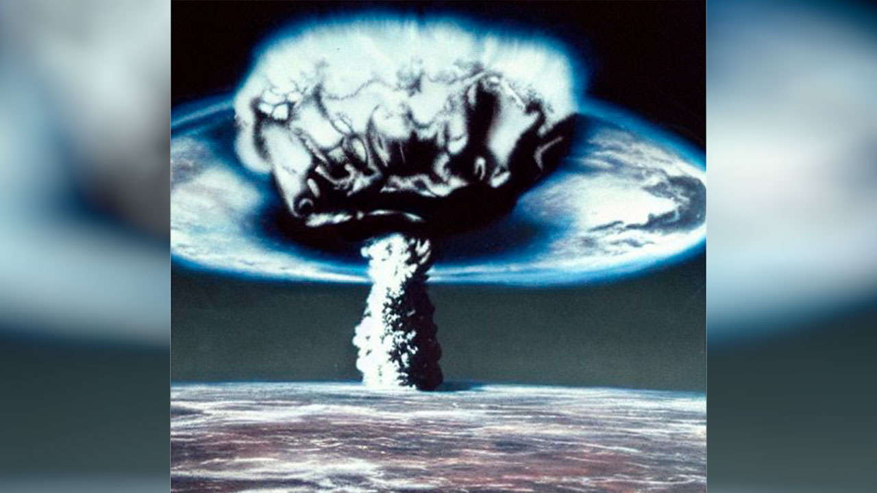 Ilustración creada por una inteligencia artificial cobre una bomba atómica en la Luna