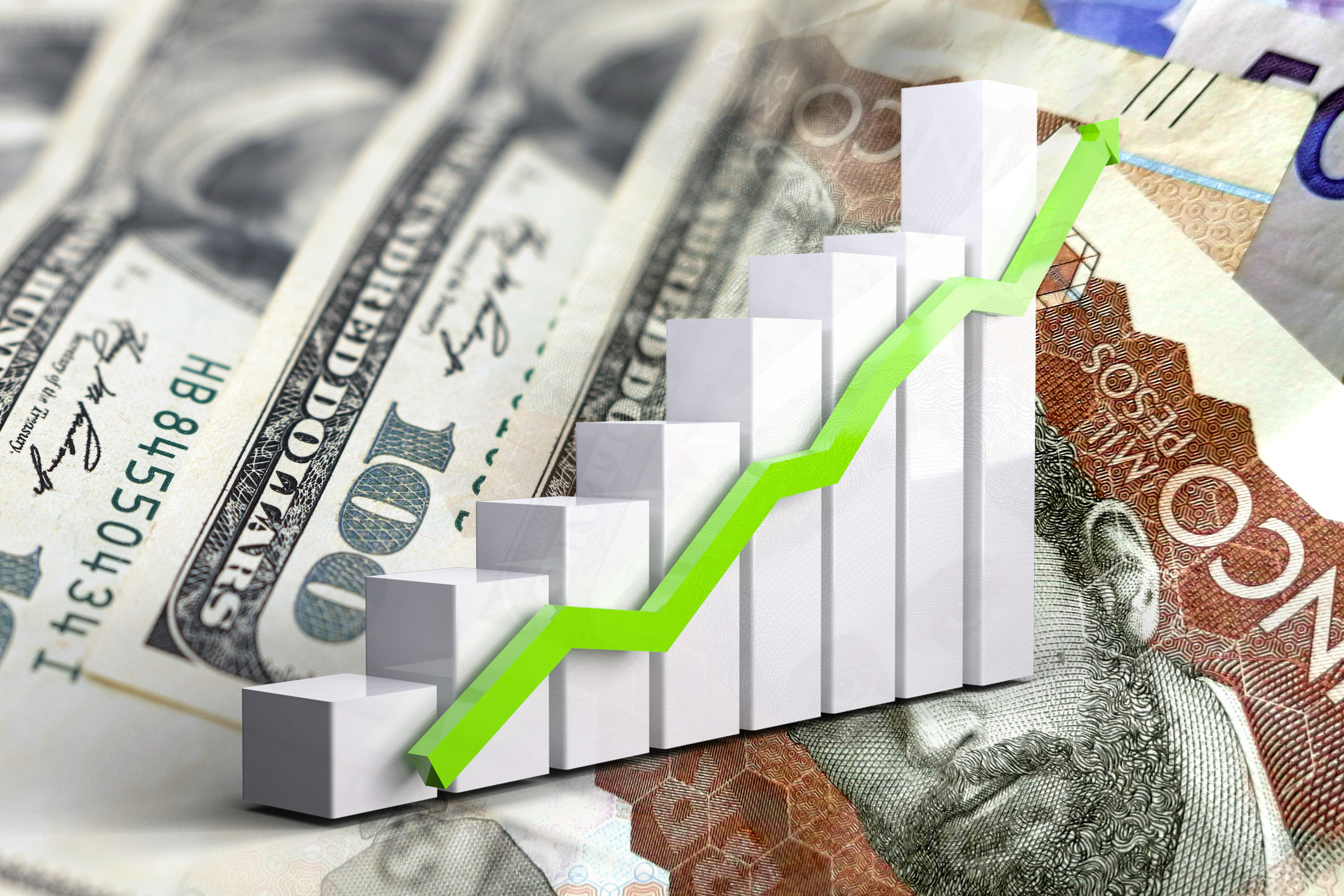 Economy chart: rising arrow, and cash bills of dollars and Colombian pesos (inflation, devaluation)