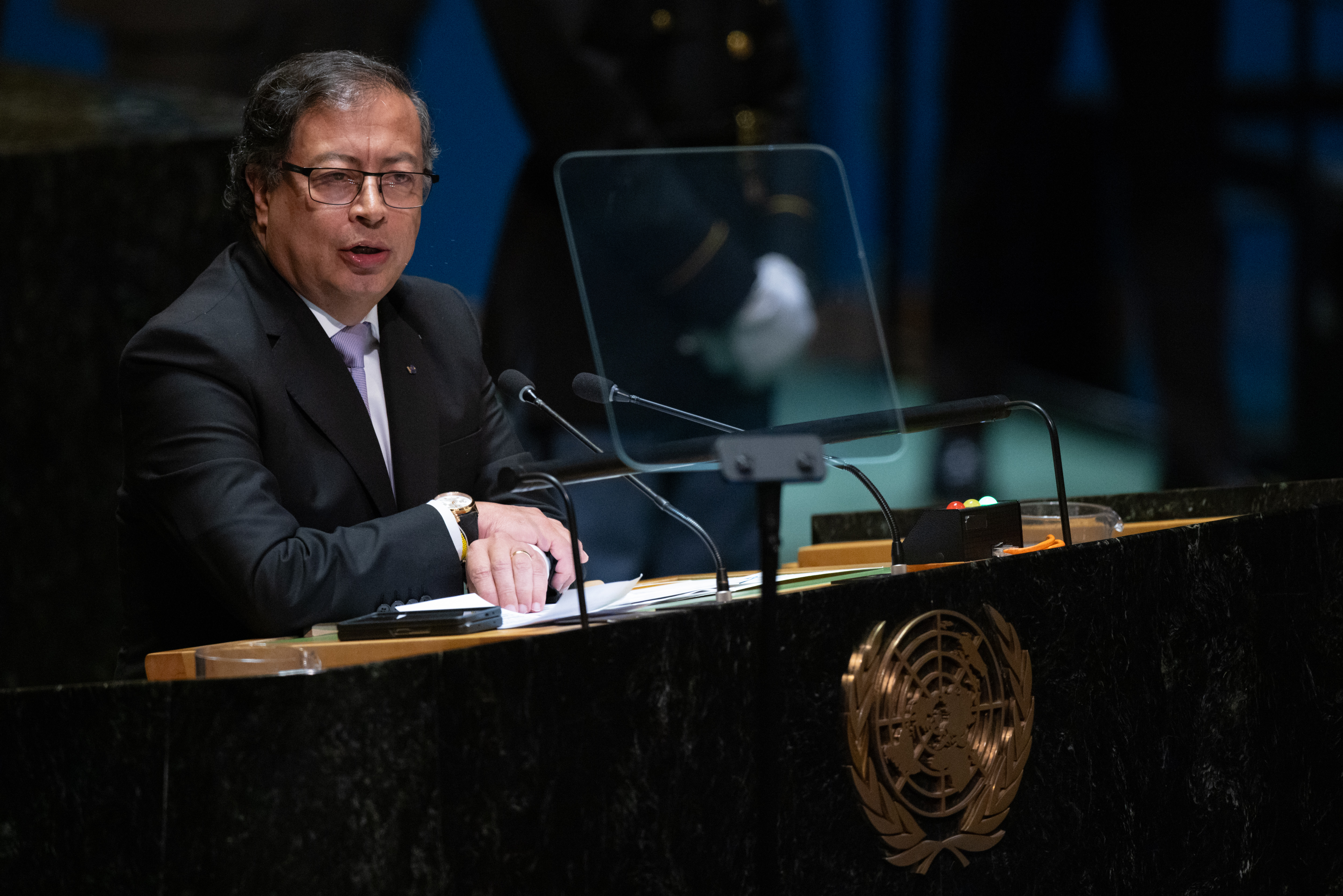 NEW YORK, NEW YORK - SEPTEMBER 19: President of Colombia Gustavo Petro Urrego addresses the 78th session of the United Nations General Assembly (UNGA) at U.N. headquarters on September 19, 2023 in New York City. World heads of state and representatives of government will attend amidst multiple global crises such as Russia's illegal war against Ukraine, and the climate emergency. (Photo by Adam Gray/Getty Images)
