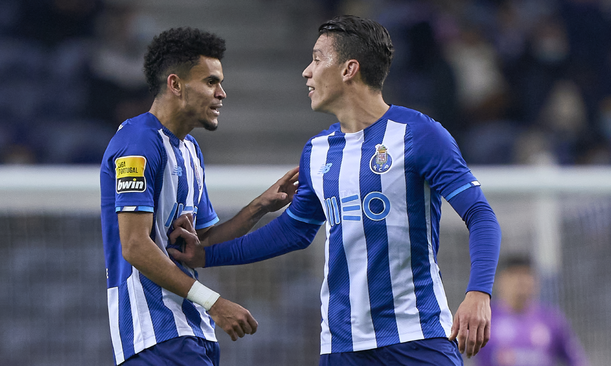 PORTO, PORTUGAL - DECEMBER 12: Luis Diaz of FC Porto celebrates with Mateus Uribe of FC Porto after scoring their side's first goal during the Liga Portugal Bwin match between FC Porto and SC Braga at Estadio do Dragao on December 12, 2021 in Porto, Portugal. (Photo by Jose Manuel Alvarez/Quality Sport Images/Getty Images)