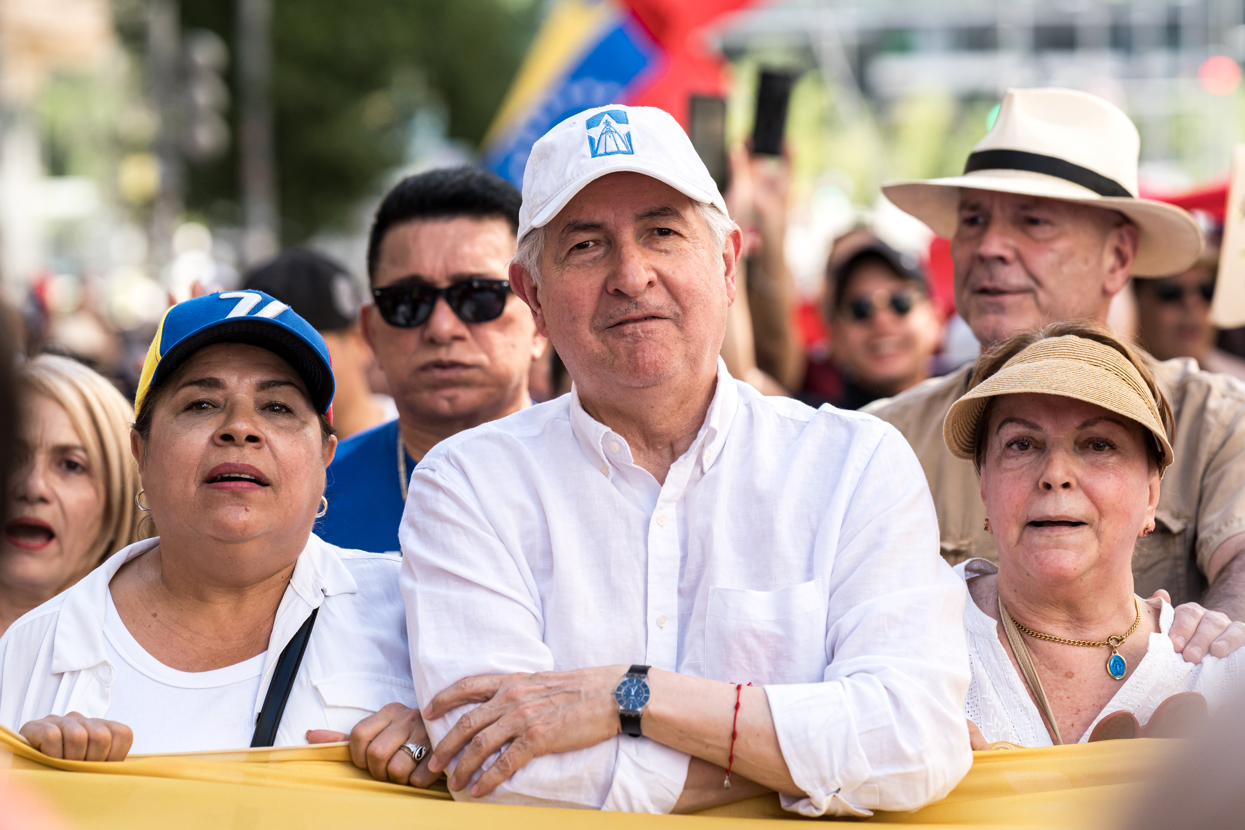 MADRID, SPAIN - JULY 21: The former deputy of the Venezuelan National Congress, Antonio Ledezma (c), during the demonstration for the mobilization of hope to the caravan of freedom in the upcoming elections in Venezuela, at the Plaza de España, on 21 July, 2024 in Madrid, Spain. Nicolas Maduro is one of the 10 presidential candidates who will participate in these elections next Sunday, July 28, although his main opponent is Edmundo Gonzalez Urrutia, who represents the majority opposition and leads the polls of voting intentions. The Venezuelan National Electoral Council (CNE) called on June 20 for the 10 presidential candidates to sign an agreement to accept the election results. (Photo By Diego Radames/Europa Press via Getty Images)