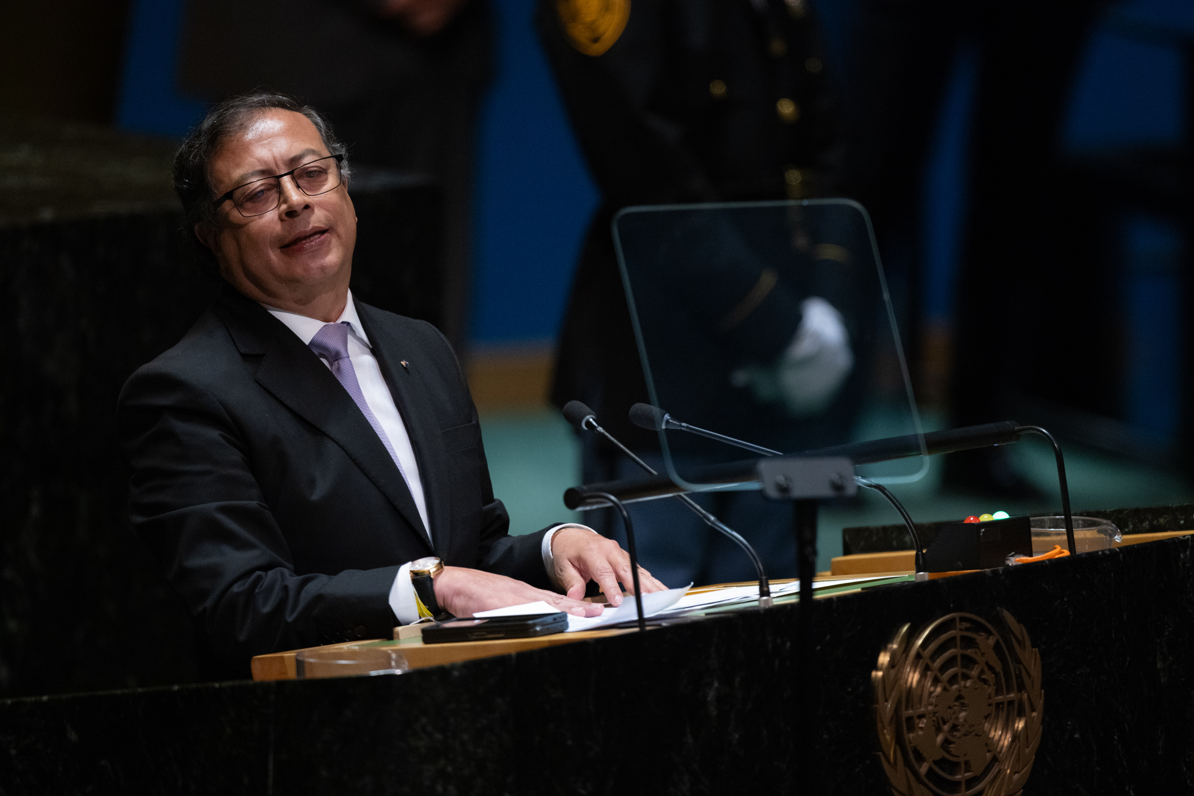 NEW YORK, NEW YORK - SEPTEMBER 19: President of Colombia Gustavo Petro Urrego addresses the 78th session of the United Nations General Assembly (UNGA) at U.N. headquarters on September 19, 2023 in New York City. World heads of state and representatives of government will attend amidst multiple global crises such as Russia's illegal war against Ukraine, and the climate emergency. (Photo by Adam Gray/Getty Images)