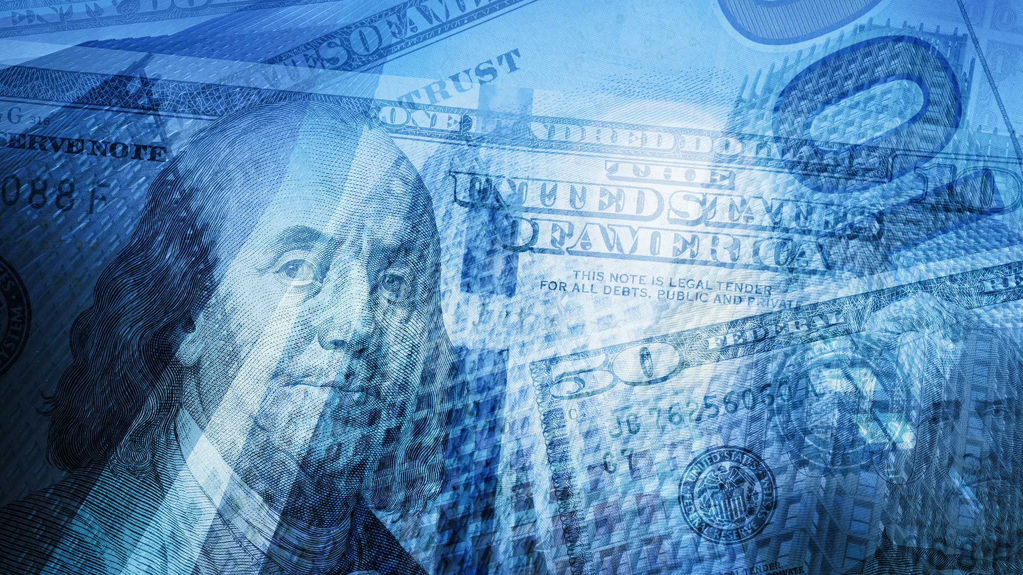 Dinero, finanzas, antecedentes de concepto de negocio. Billetes de dólares estadounidenses, rascacielos.