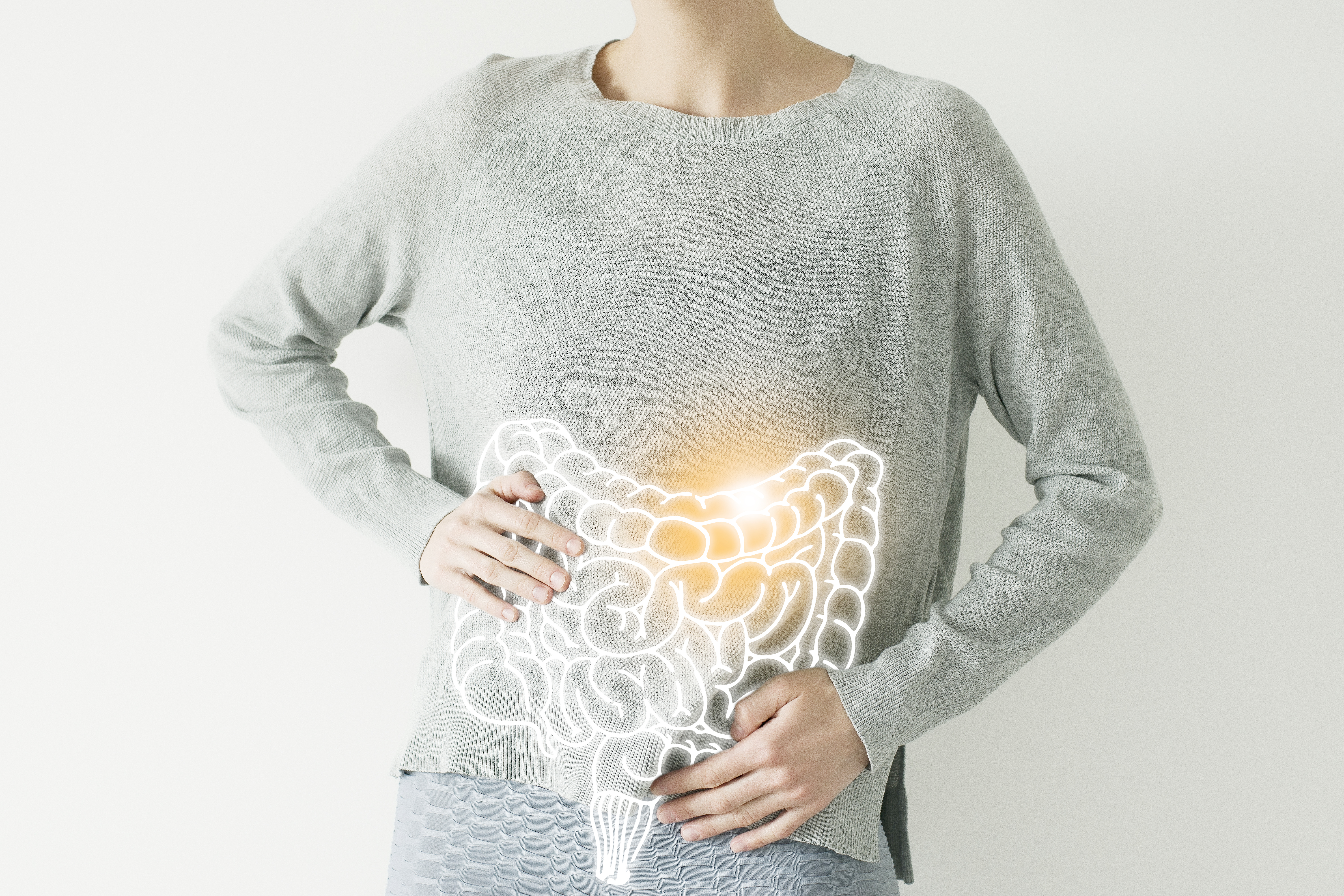 Mujer en ropa gris casual que sufre de dolor de indigestión, visualización de vector resaltada del intestino