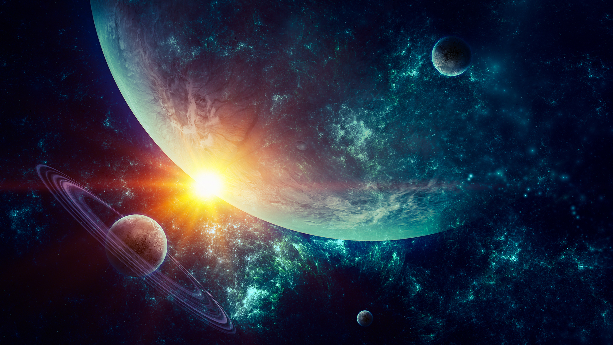 Escena de espacio abstracto de galaxia renderizada en 3D con planetas y estrellas brillantes en nebulosas
Tamaño de póster de alta resolución Escena espacial de galaxia renderizada en 3D con planetas. Utilicé Cinema4D y Adobe Photoshop para generar planetas y campos de estrellas. Se utiliza para la textura de uso gratuito o comercial del sitio Solar System Scope. El enlace es: https://www.solarsystemscope.com/textures/download/2k_haumea_fictional.jpg