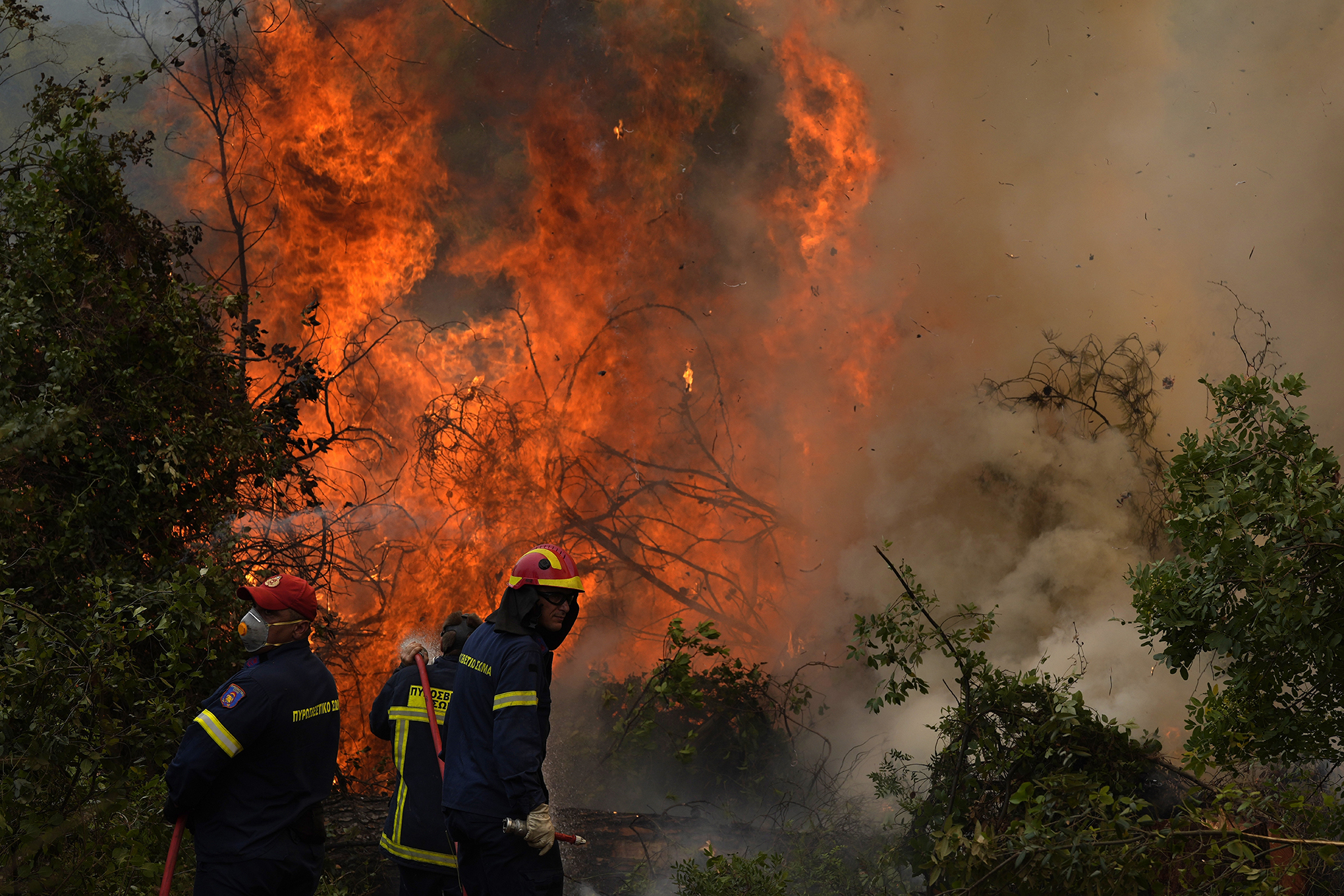 Los bomberos intentan extinguir las llamas en el pueblo de Ellinika en la isla de Evia, a unos 176 kilómetros (110 millas) al norte de Atenas, Grecia, lunes, 9 de agosto, 2021. Los bomberos y residentes lucharon contra un gran incendio forestal en la segunda isla más grande de Grecia por séptimo. El lunes del día, luchando para salvar lo que pueden, de las llamas que han diezmadas grandes extensiones de bosques prístinos, destruyen hogares y negocios, y han enviado miles de personas que huyen. (AP Foto / Petros Karadjias)