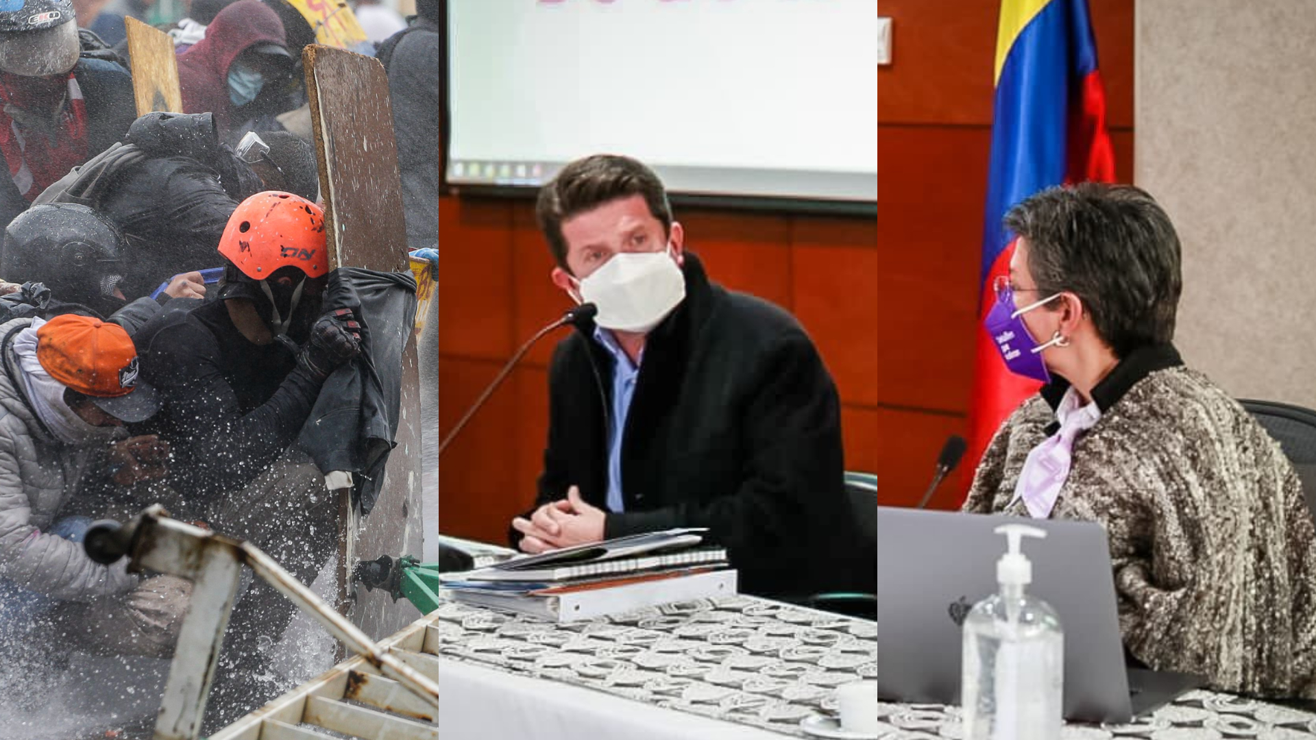 Primera línea de Bogotá; ministro de Defensa, Diego Molano; alcaldesa de Bogotá, Claudia López