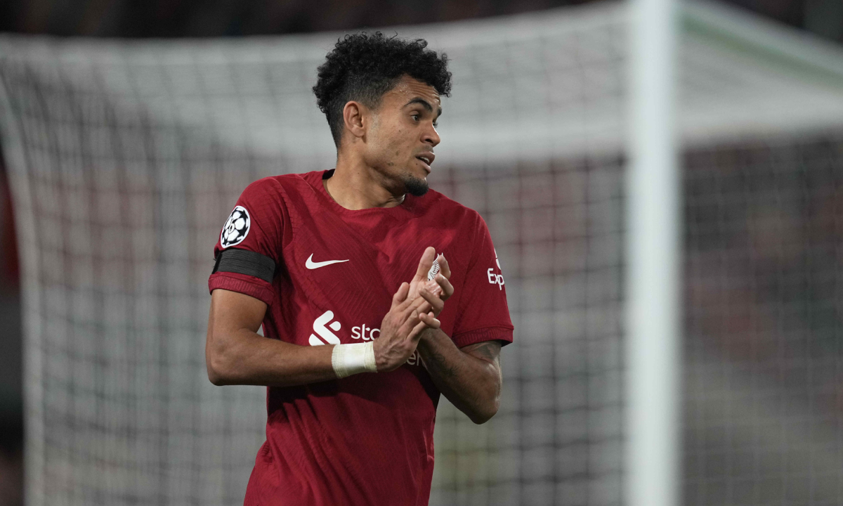 LIVERPOOL, ENGLAND - OCTOBER 04: Luis Diaz of Liverpool FC looks on during the UEFA Champions League group A match between Liverpool FC and Rangers FC at Anfield on October 4, 2022 in Liverpool, United Kingdom. (Photo by Ulrik Pedersen/DeFodi Images via Getty Images)