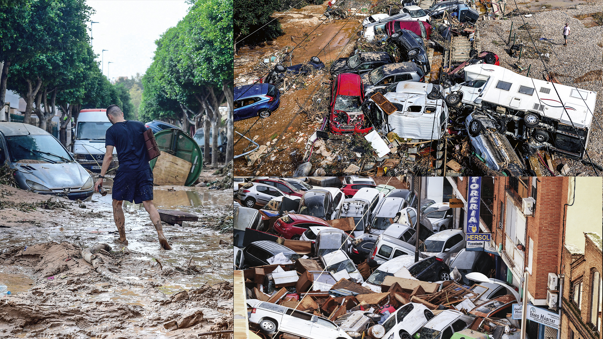 A man stands next to flooded cars piled up in Valencia, Spain, Thursday, Oct. 31, 2024. (AP Photo/Manu Fernandez)