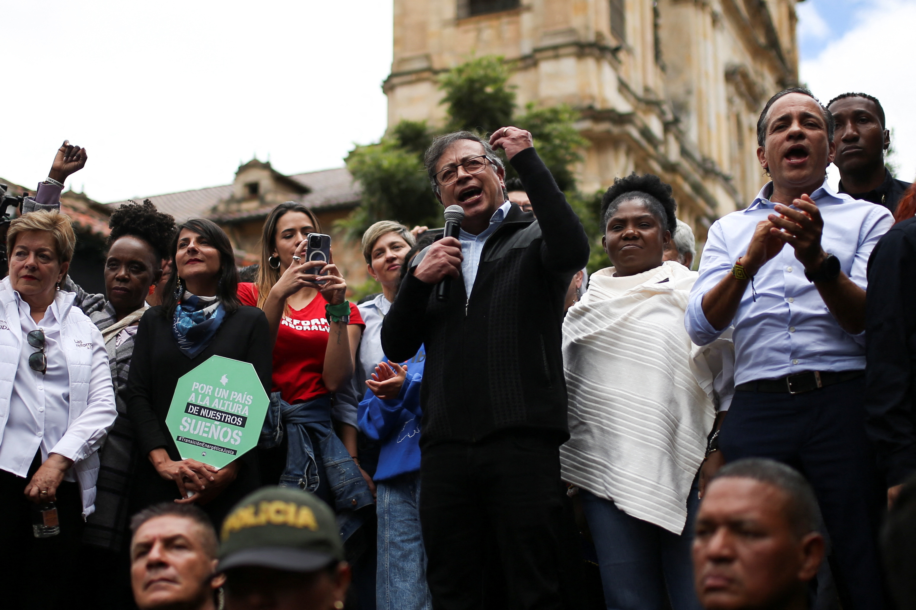 Colombia's President Gustavo Petro speaks as people attend a march in support of his government's proposed health, retirement, employment and prison reforms in Bogota, Colombia, June 7, 2023. REUTERS/Luisa Gonzalez