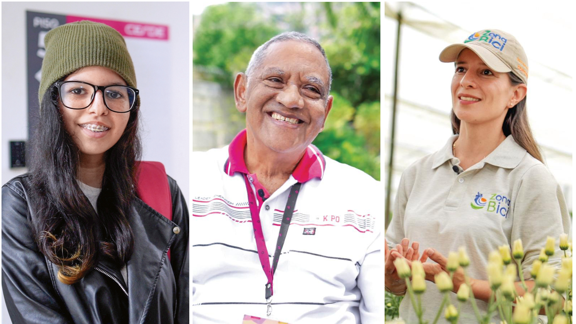 Úrsula, migrante venezolana beneficiaria del programa Crear Futuro. Jorge, propietario de una vivienda en Curazaos, de Comfama. Ana María, creadora del proyecto Zona Bici, en el oriente antioqueño.