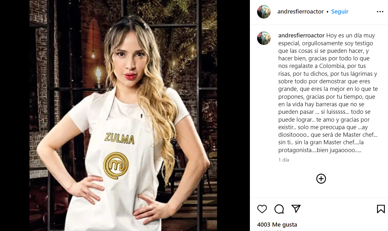 El tierno mensaje del novio de Zulma Rey después de su salida de MasterChef