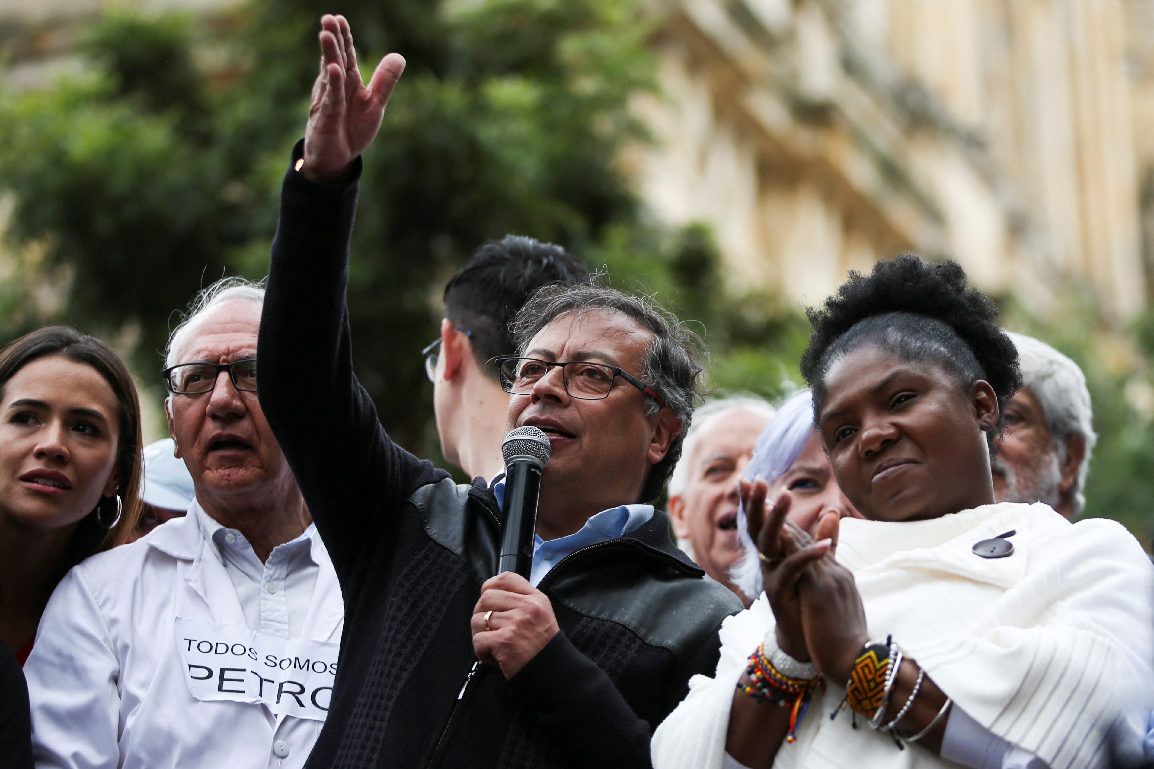 Colombia's President Gustavo Petro speaks as people attend a march in support of his government's proposed health, retirement, employment and prison reforms in Bogota, Colombia, June 7, 2023. REUTERS/Luisa Gonzalez