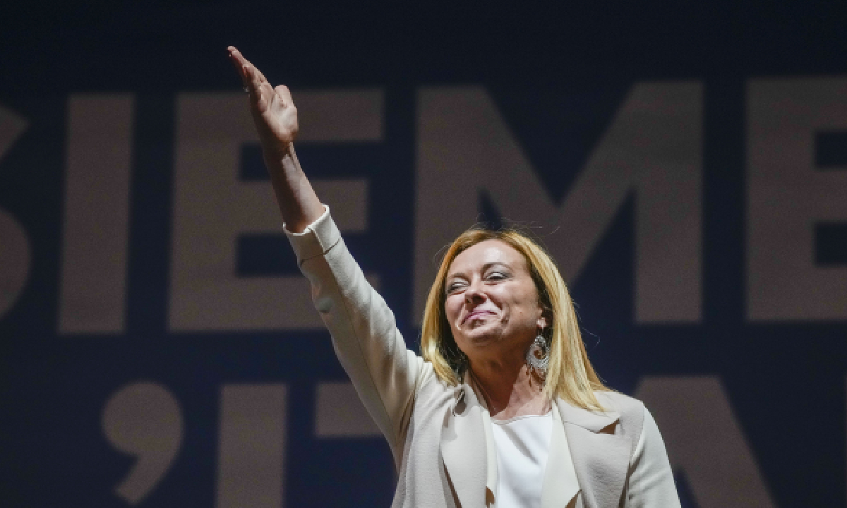 Giorgia Meloni durante el cierre de su campaña en Roma el 22 de septiembre del 2022. Meloni y su agrupación de derecha Hermanos de Italia son los favoritos para ganar las elecciones parlamentarias del 25 de septiembre. (AP Photo/Gregorio Borgia, file)