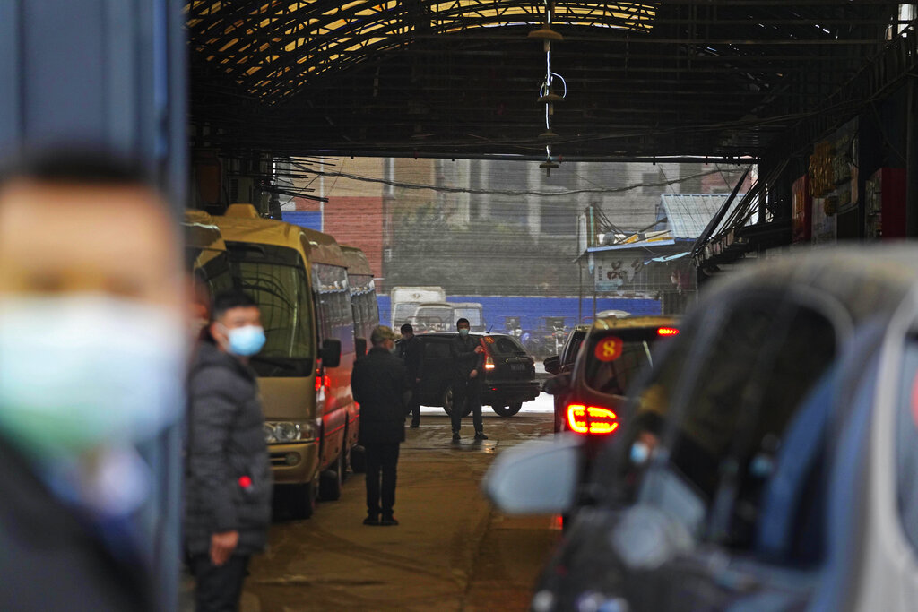 A convoy of vehicles carrying the World Health Organization team enters the interior of the Huanan Seafood Market on the third day of field visit in Wuhan in central China's Hubei province on Sunday, Jan. 31, 2021. Scientists initially suspected the coronavirus came from wild animals sold in the market. The market has since been largely ruled out but for the visiting WHO team of international researchers it could still provide hints to how the virus spread so widely. (AP Photo/Ng Han Guan)