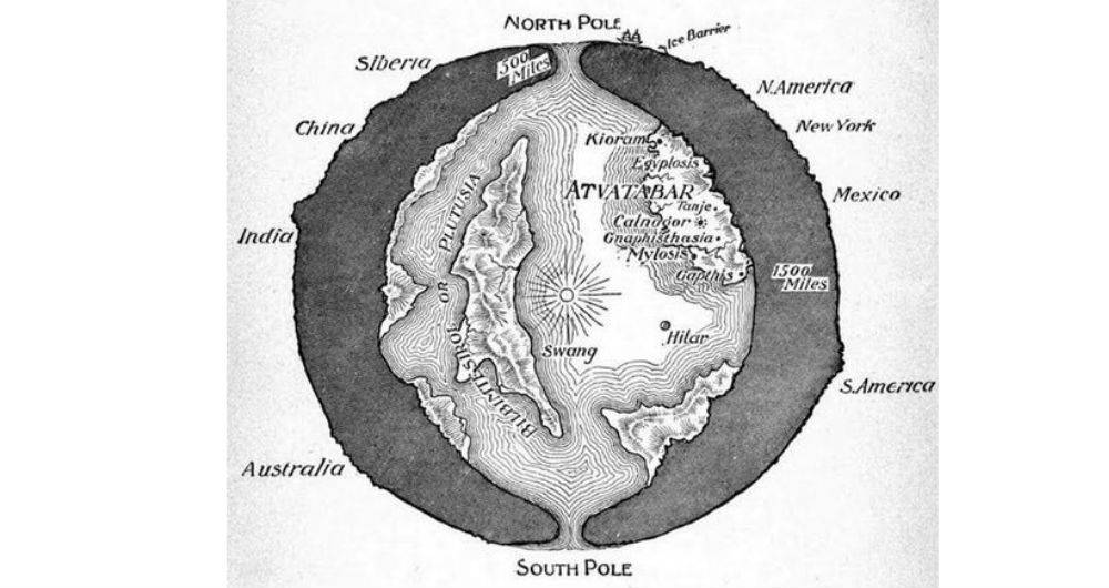 Mapa del mundo interior de la novela The Goddess of Atvatabar de William Bradshaw