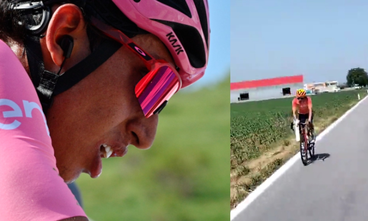 Egan Bernal recorriendo las carreteras del Giro de Italia. El ciclista colombiano continúa con su recuperación en Europa.