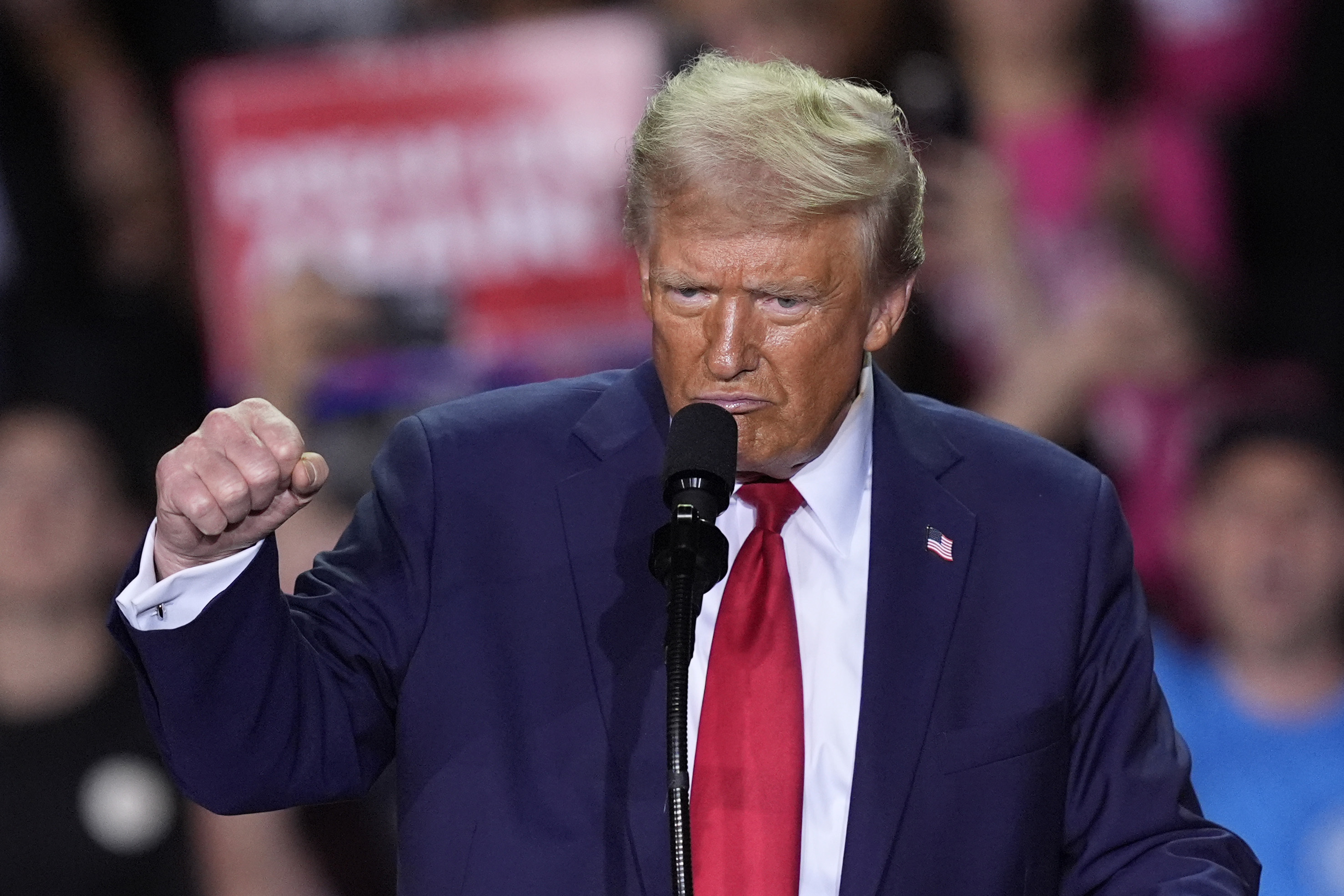 Republican presidential nominee former President Donald Trump speaks at a campaign rally at Van Andel Arena, Tuesday, Nov. 5, 2024, in Grand Rapids, Mich. (AP Photo/Carlos Osorio)