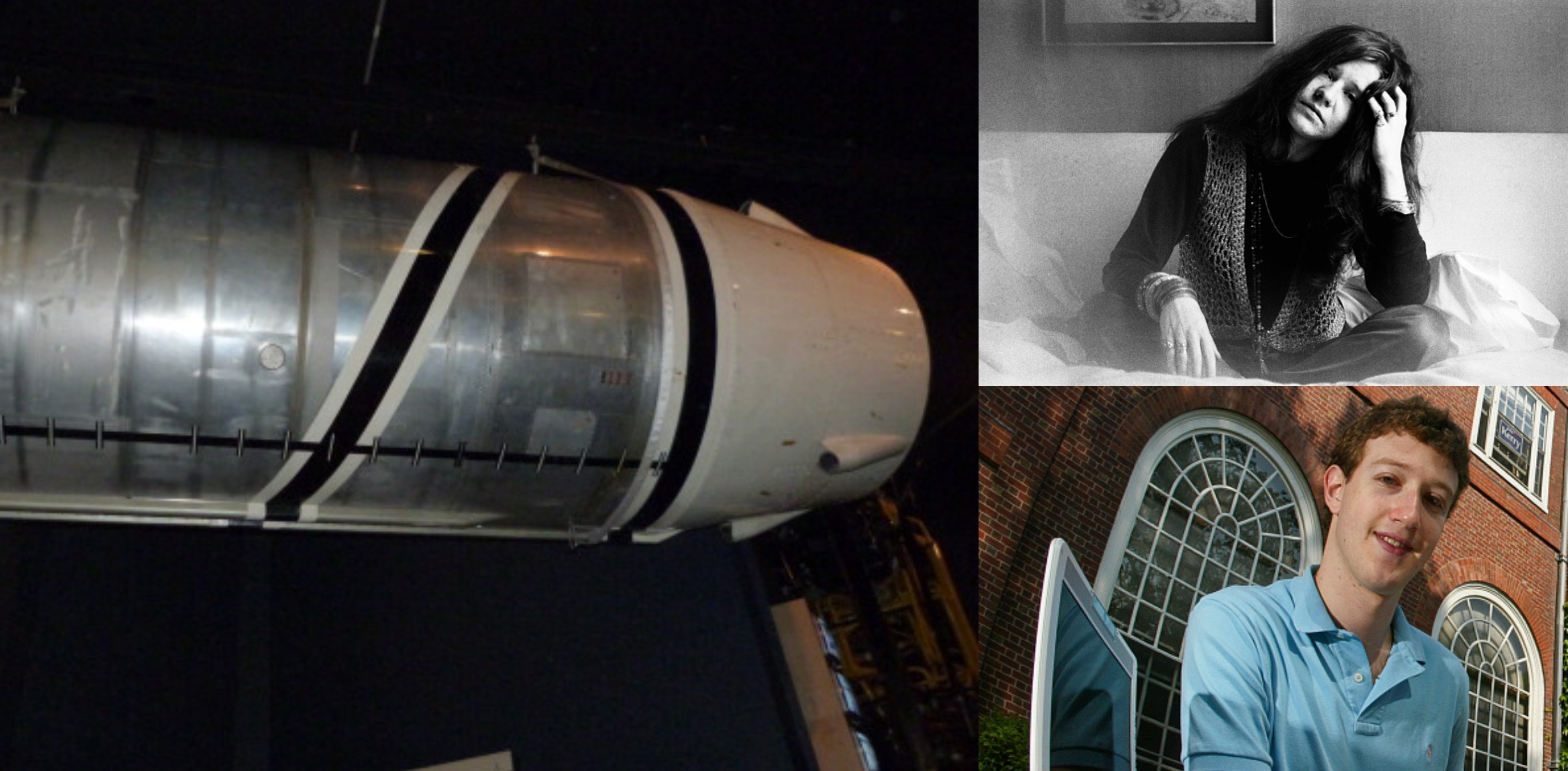 En la imagen: Réplica del Sputnik 1, Janis Joplin y Mark Zuckerburg.