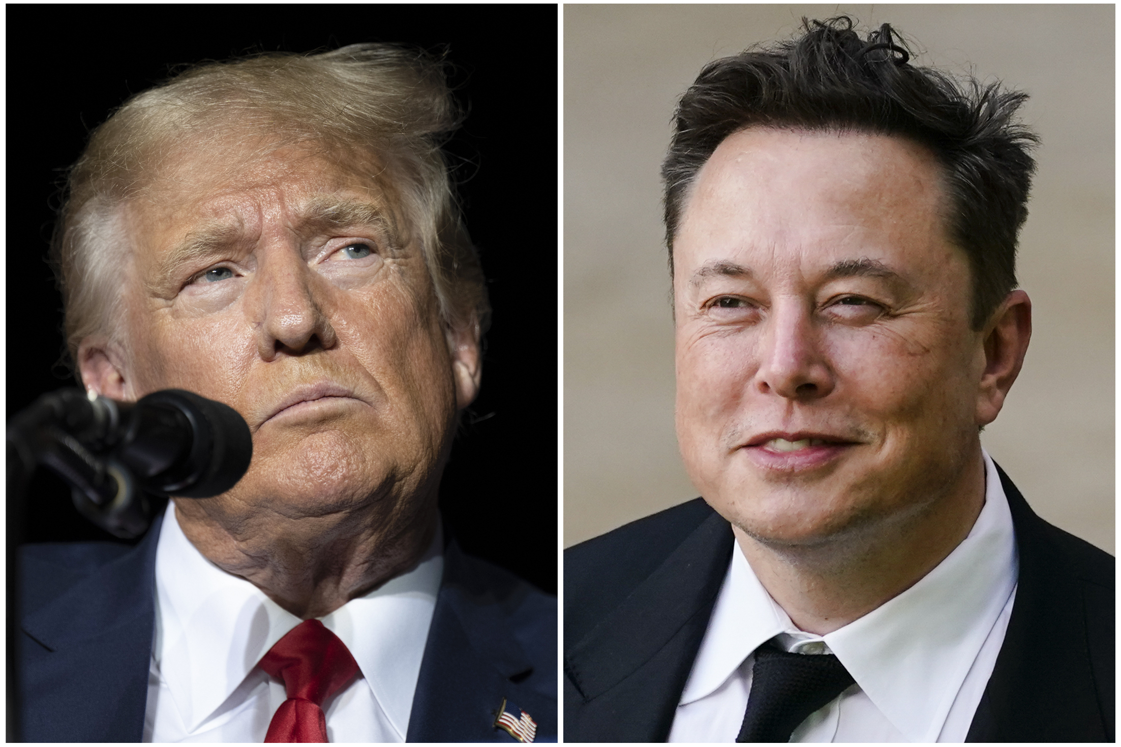 Esta combinación de fotografías muestra al expresidente Donald Trump durante un mitin en Minden, Nevada, el 8 de octubre de 2022, a la izquierda, y a Elon Musk en Wilmington, Delaware, el 12 de julio de 2021. (Foto AP)