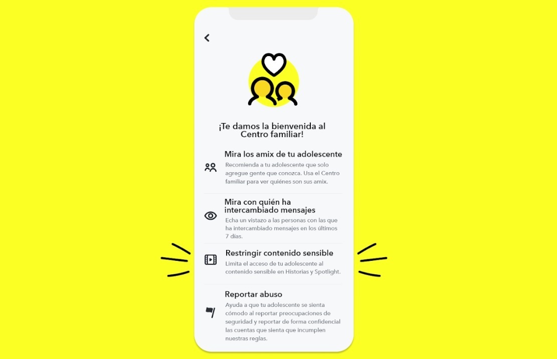 'Controles de Contenido' en el 'Centro Familiar' de Snapchat.