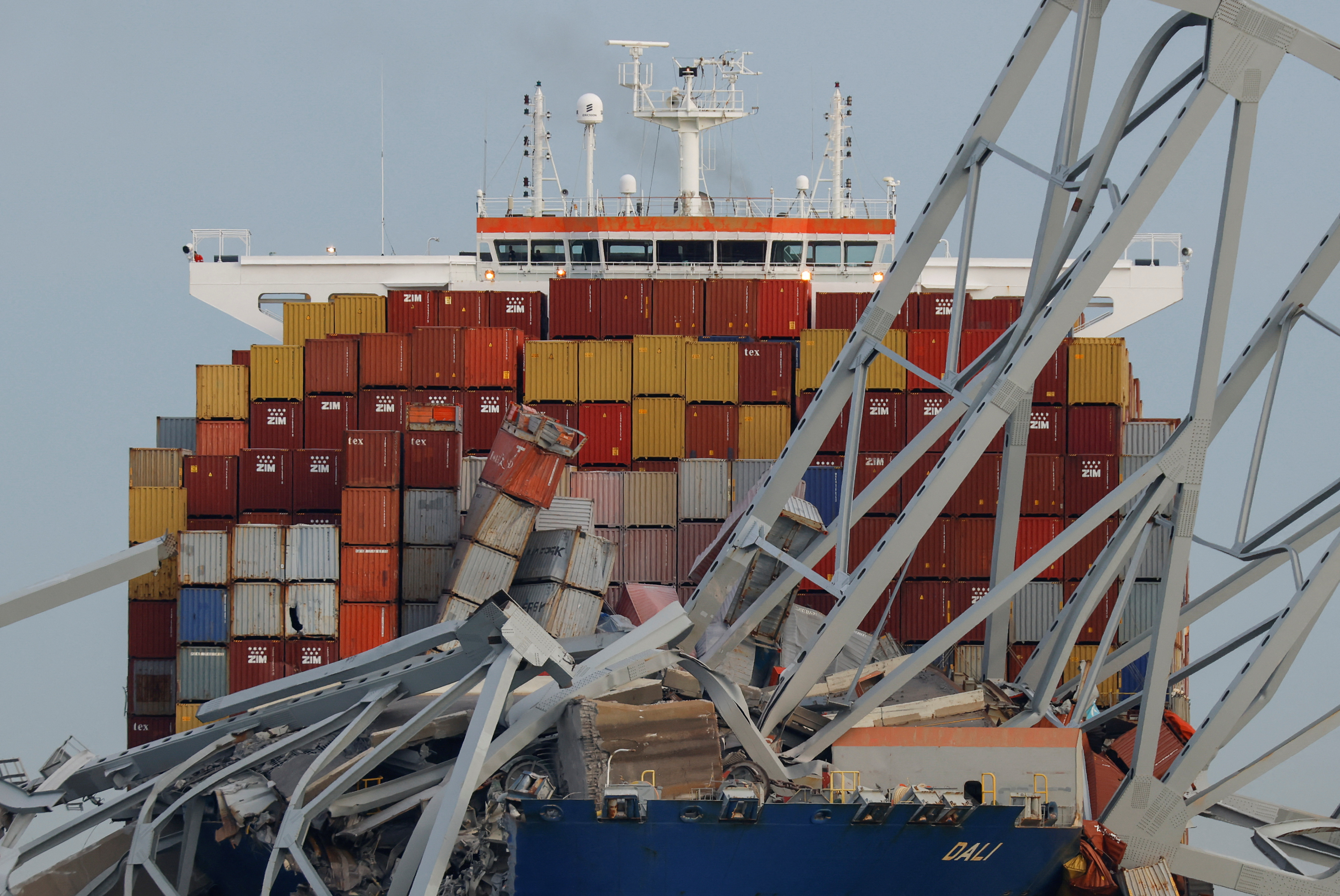 A view of the Dali cargo vessel which crashed into the Francis Scott Key Bridge causing it to collapse in Baltimore, Maryland, U.S., March 26, 2024.  REUTERS/Julia Nikhinson