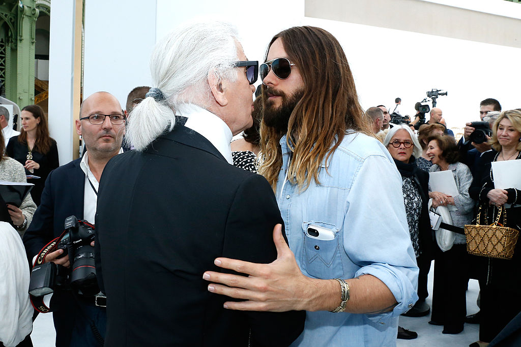 PARIS, FRANCE - JULY 08:  (L-R) Fashion designer Karl Lagerfeld and Actor Jared Leto pose backstage after the Chanel show as part of Paris Fashion Week - Haute Couture Fall/Winter 2014-2015. Held at Grand Palais on July 8, 2014 in Paris, France.  (Photo by Rindoff/Dufour/Getty Images)