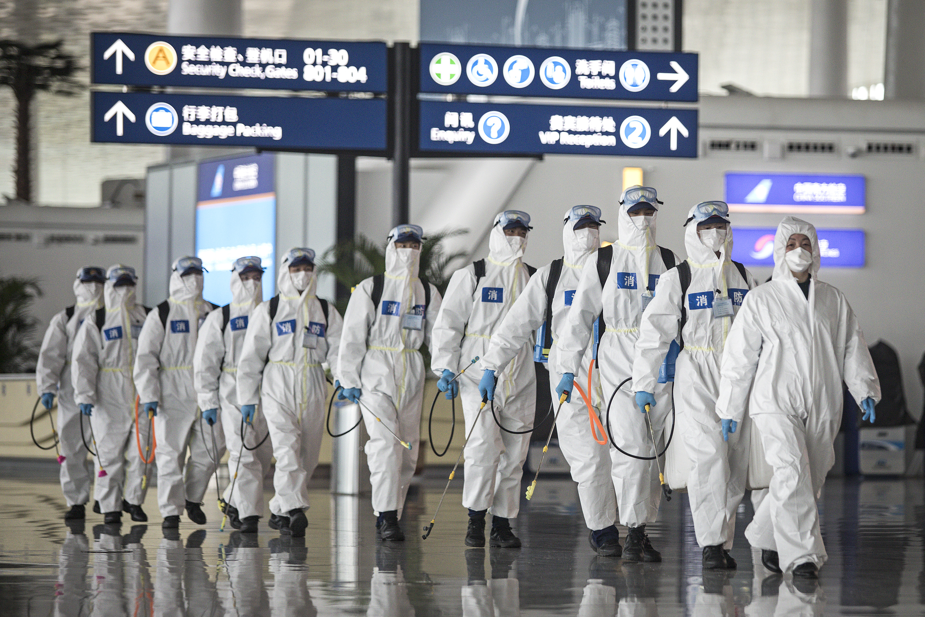 WUHAN, CHINA - APRIL 03: (CHINA OUT)Firefighters prepare to conduct disinfection at the Wuhan Tianhe International Airport on April 3, 2020 in Wuhan, Hubei Province, China. Wuhan, the Chinese city hardest hit by the novel coronavirus outbreak, conducted a disinfection on the local airport as operations will soon resume on April 8 when the city lifts its travel restrictions. (Photo by Getty Images)