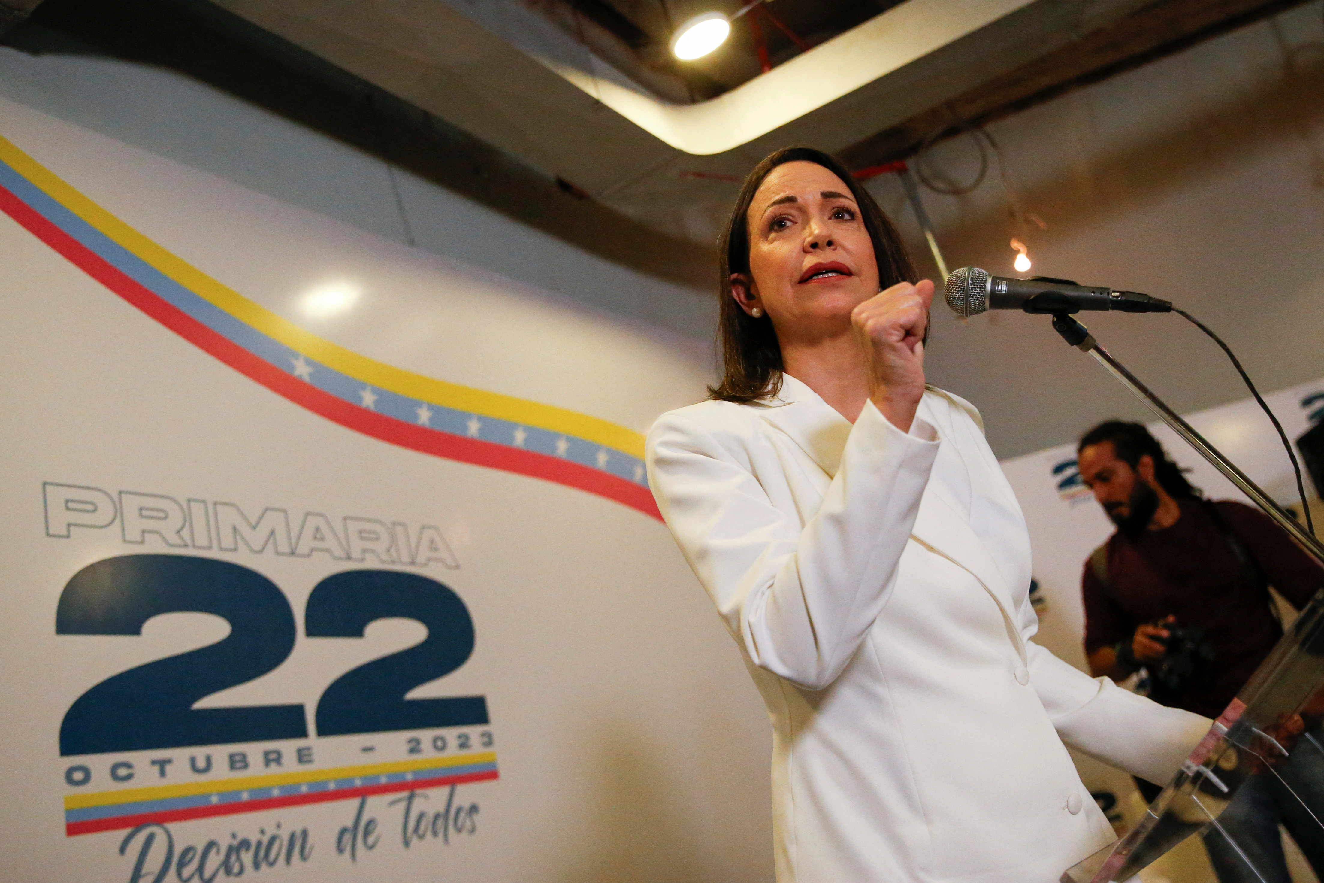 Venezuelan opposition leader Maria Corina Machado speaks during press conference following her victory in the October 22 opposition's primary election, in Caracas, Venezuela October 26, 2023. REUTERS/Leonardo Fernandez Viloria