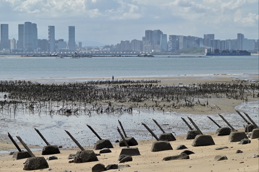 El horizonte de la ciudad de Xiamen, en la parte continental de China, se ve más allá de los picos anti-aterrizaje colocados a lo largo de la costa del islote Lieyu, en las islas Kinmen de Taiwán, que se encuentran a solo 3,2 km (dos millas) de la costa de China continental, el 10 de agosto de 2022. (Foto por Sam Yeh / AFP)