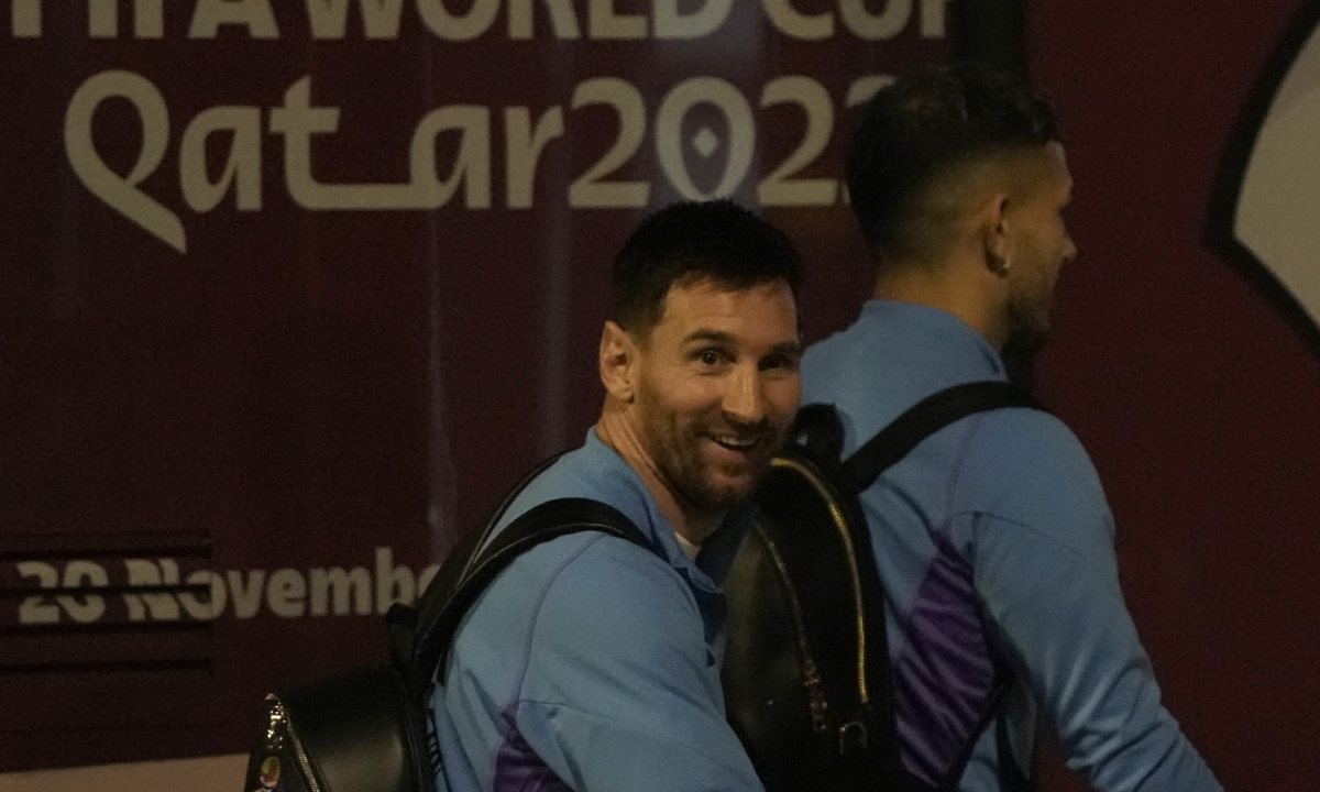 Lionel Messi of Argentina's national soccer team arrives with teammates at Hamad International airport in Doha, Qatar, Thursday, Nov. 17, 2022 ahead of the upcoming World Cup. Argentina will play the first match in the World Cup against Saudi Arabia on Nov. 22. (AP Photo/Hassan Ammar)