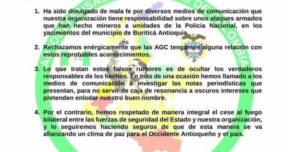 Comunicación del Clan del Golfo sobre cese al fuego en Antioquia.